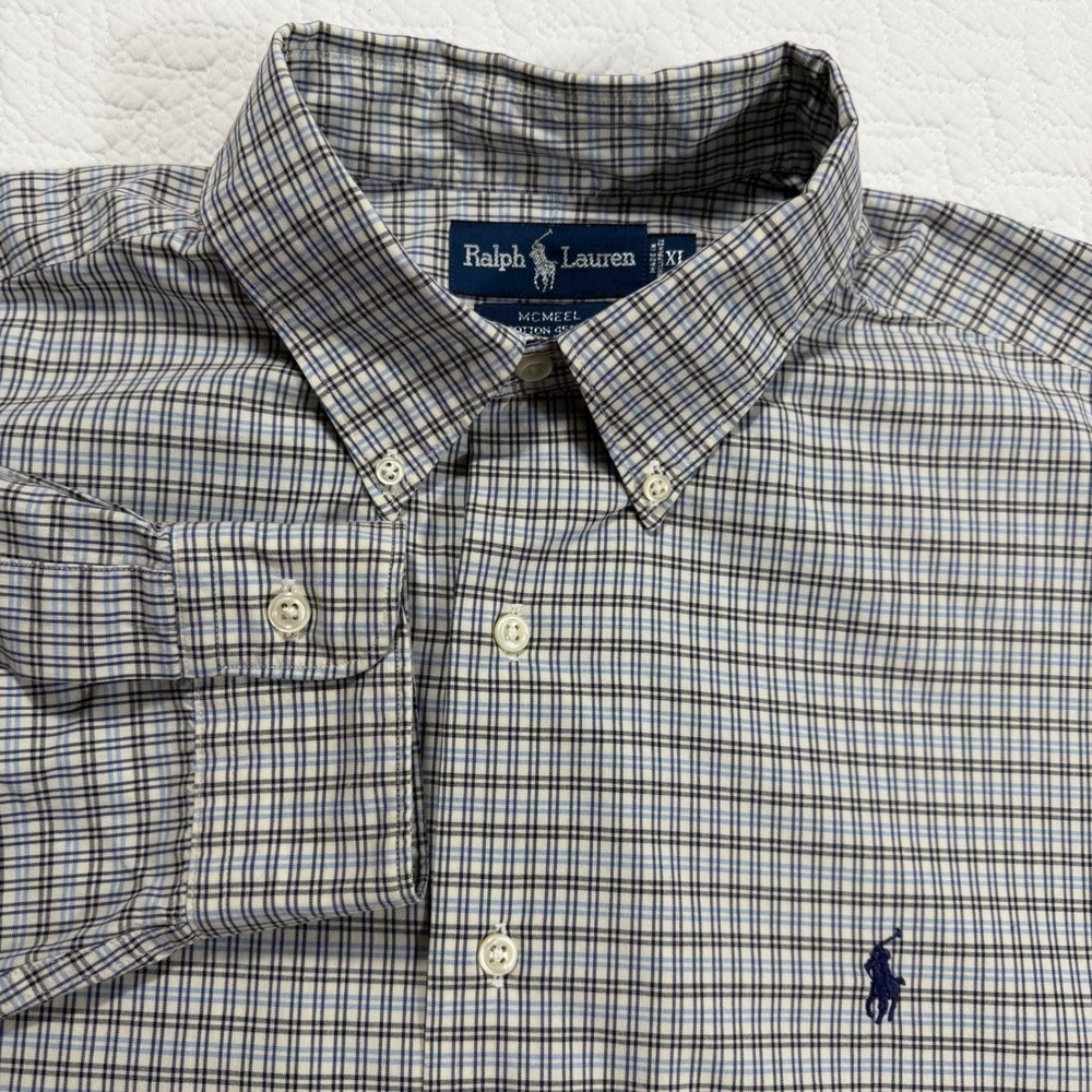Ralph Lauren‎ MCMEEL Nylon Blend Mens XL Plaid Button Down Shirt Long Sleeve